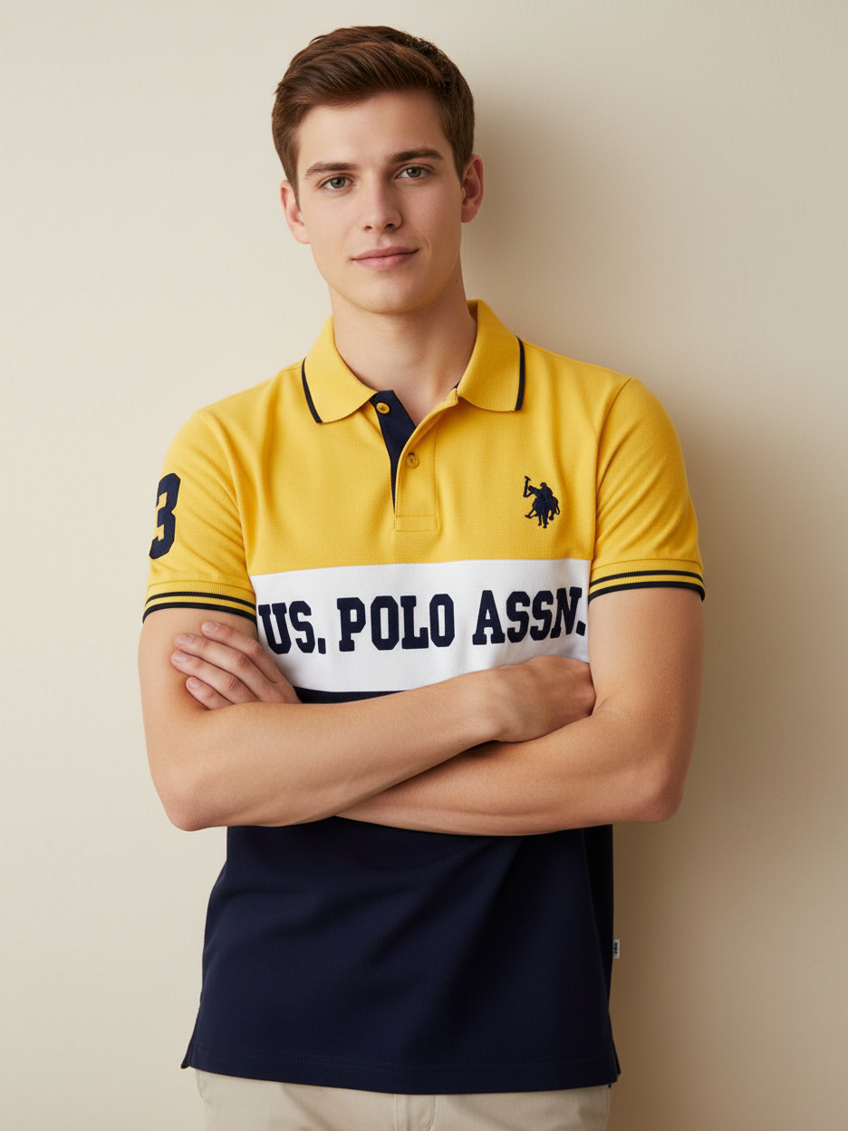 U.S Polo Assn. P.Q Half Sleeve Polo Shirt For Men-Yellow with White & Navy-BE886/BR13129