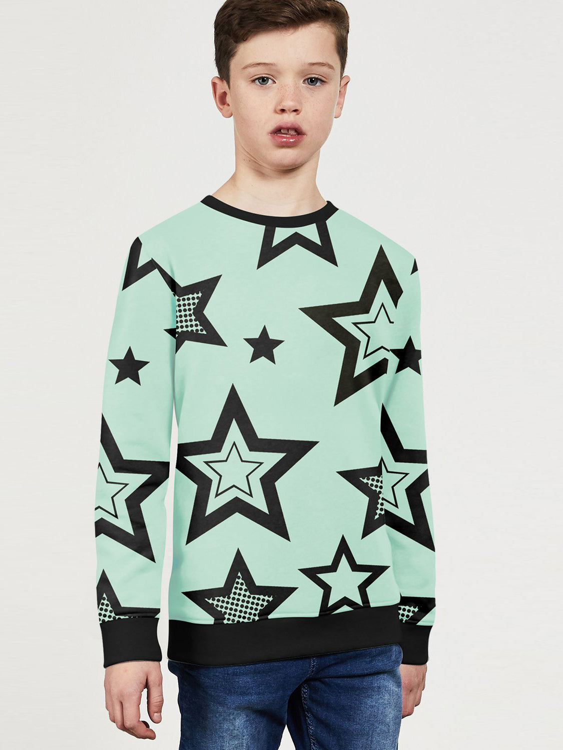 Zara baby Terry Fleece Sweatshirt For Kids-Cyan Green with Stars Print-SP146