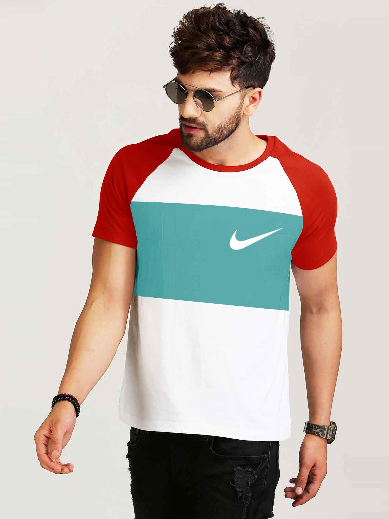 NK Crew Neck Single Jersey Tee Shirt For Men-White & Red with Panel-SP2369