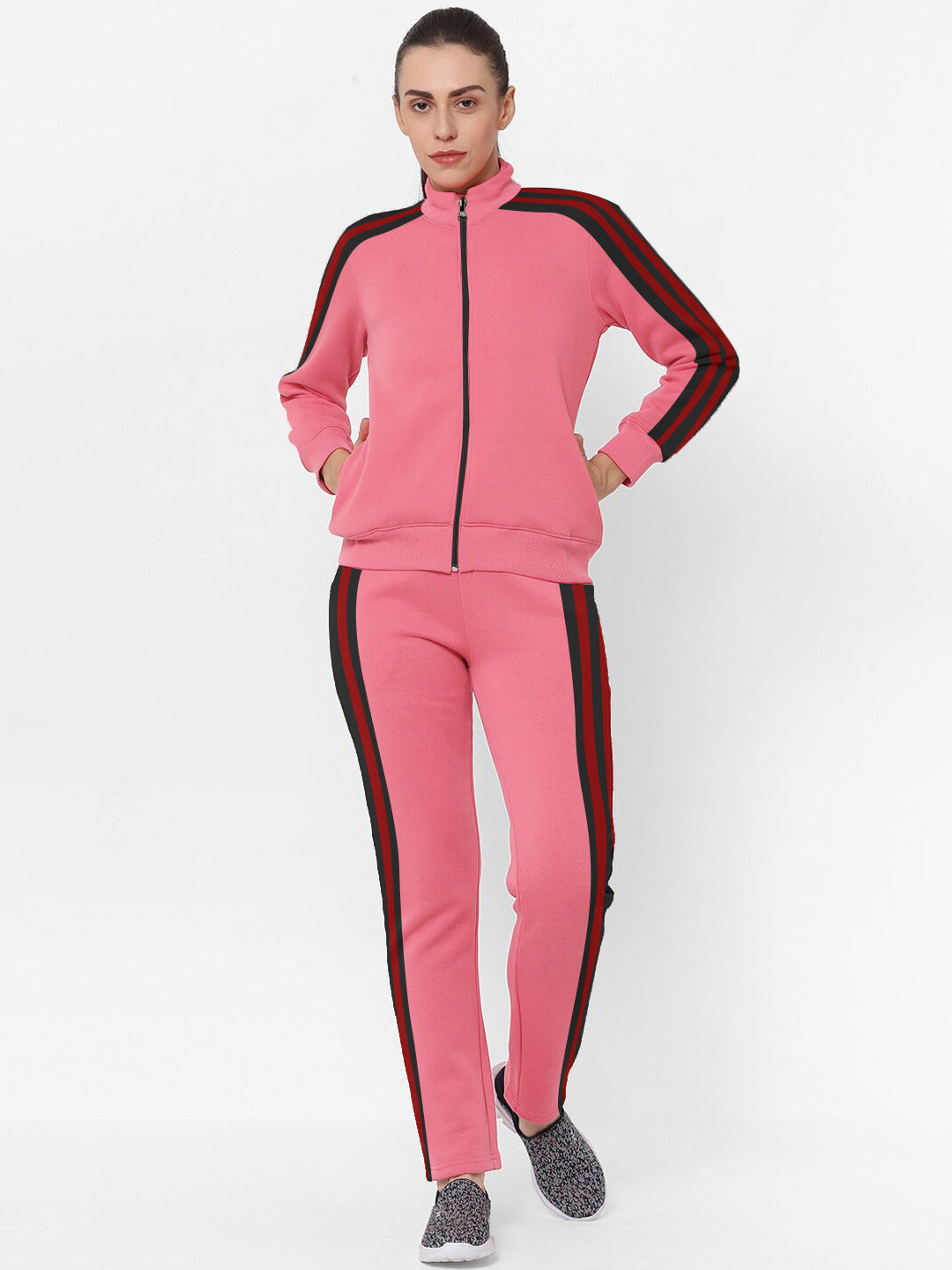 Louis Vicaci Fleece Zipper Tracksuit For Ladies-Pink with Black Stripe-SP239/BR367