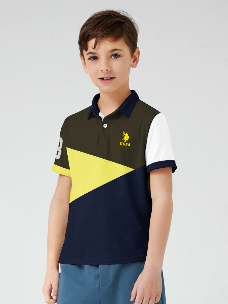USPA Half Sleeve P.Q Polo Shirt For Kids-Navy with Olive Green & Yellow-BR566
