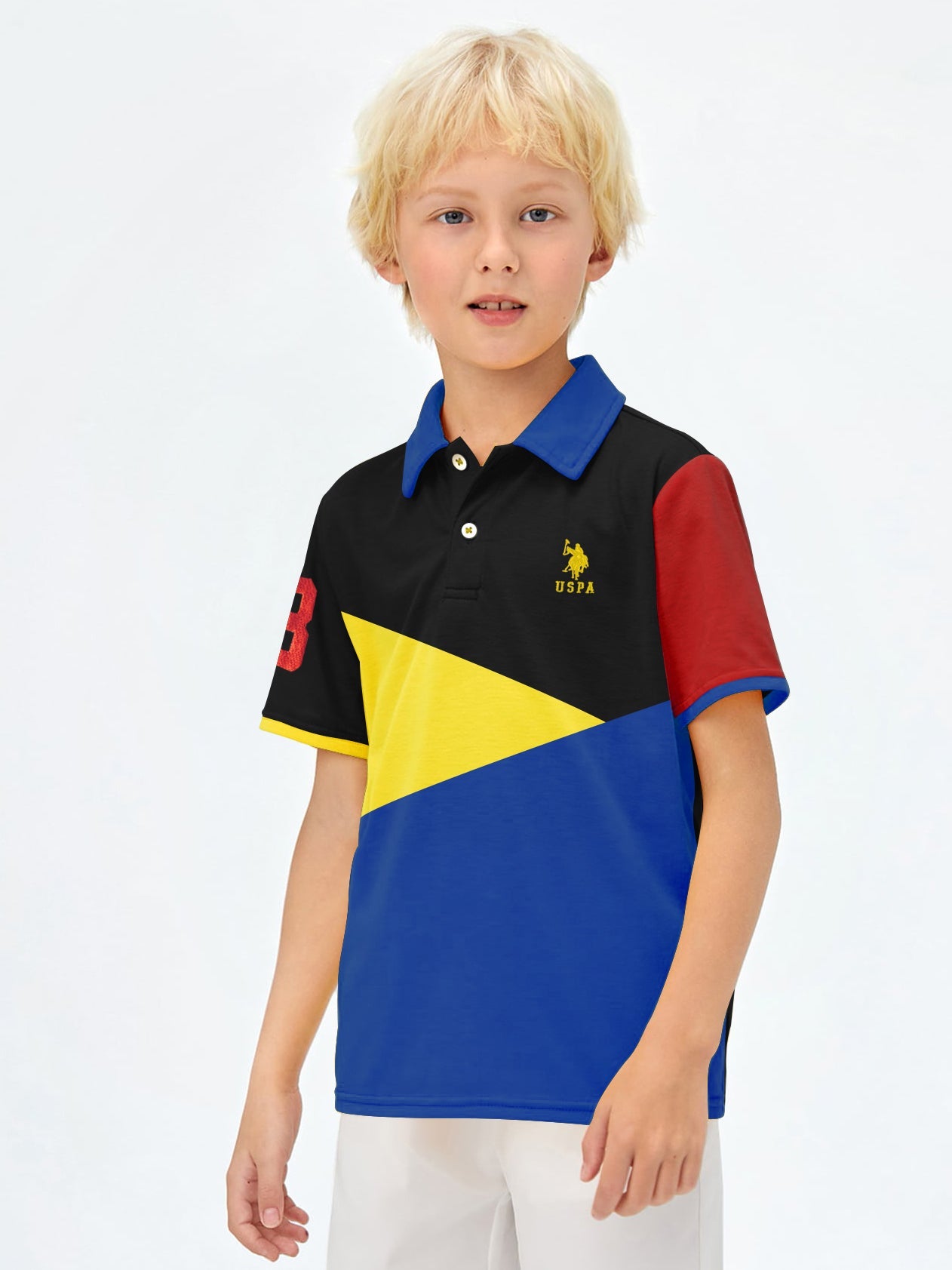 USPA Half Sleeve P.Q Polo Shirt For Kids-Black with Yellow & Blue-BR565