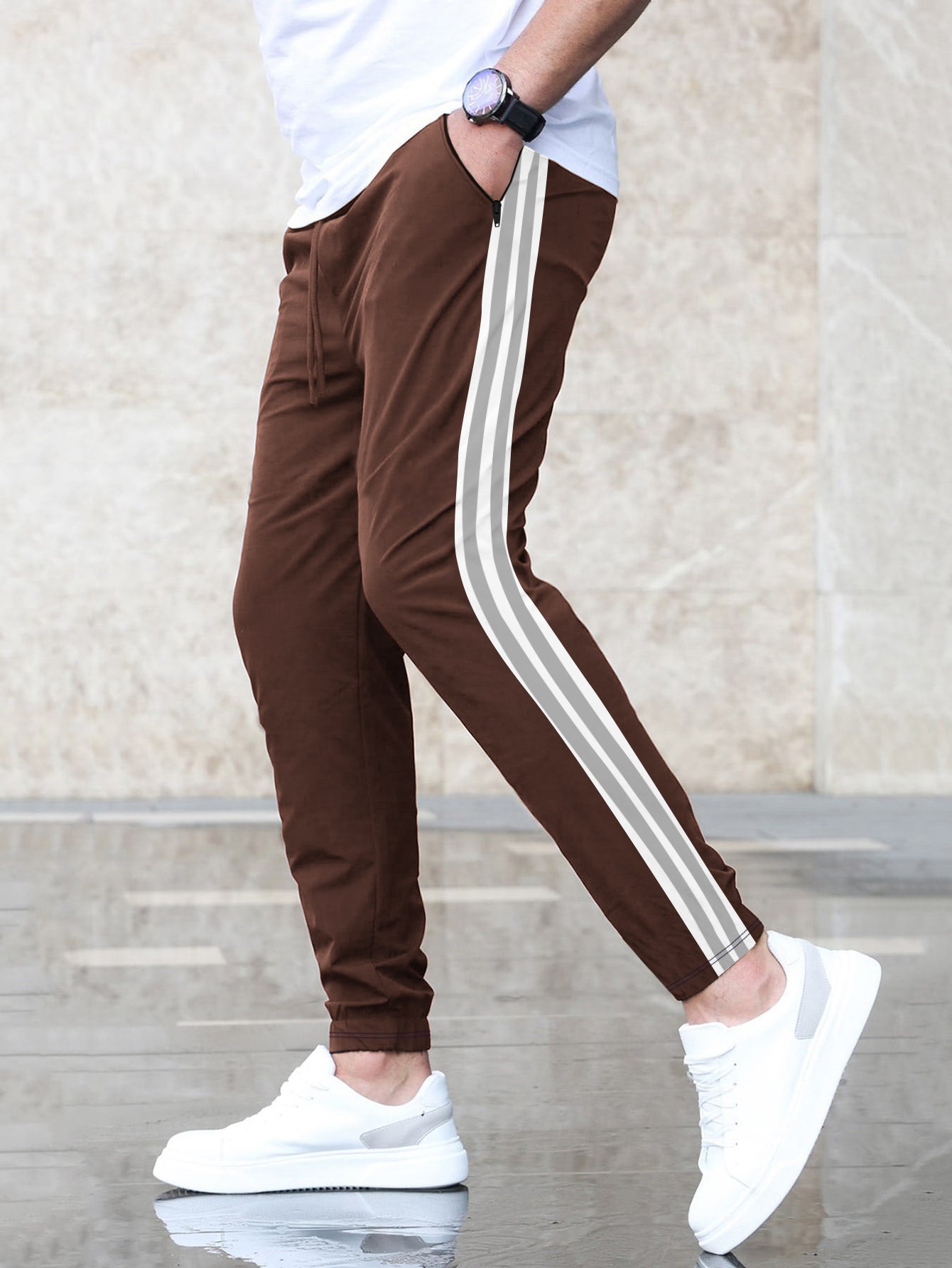 Louis Vicaci Summer Active Wear Trouser Pant For Men-Tobacco Brown with Stripe-BR648