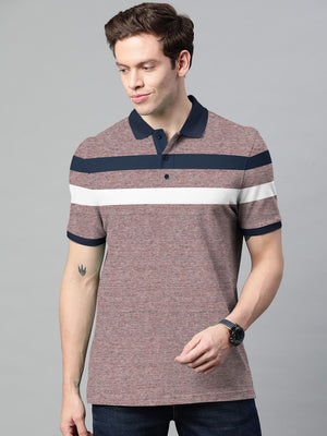 Summer Polo Shirt For Men-Light Maroon Melange With Navy & White Stripe-SP6933