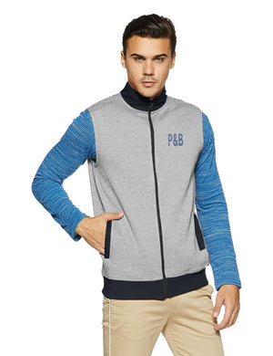 P&B Sleeveless Mock Neck Zipper Jacket For Men-Grey Melange & Navy-BE513/BR1790