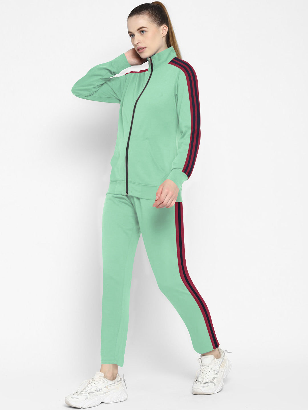 Louis Vicaci Fleece Zipper Tracksuit For Ladies-Light Green with Maroon Stripe-SP246/BR366
