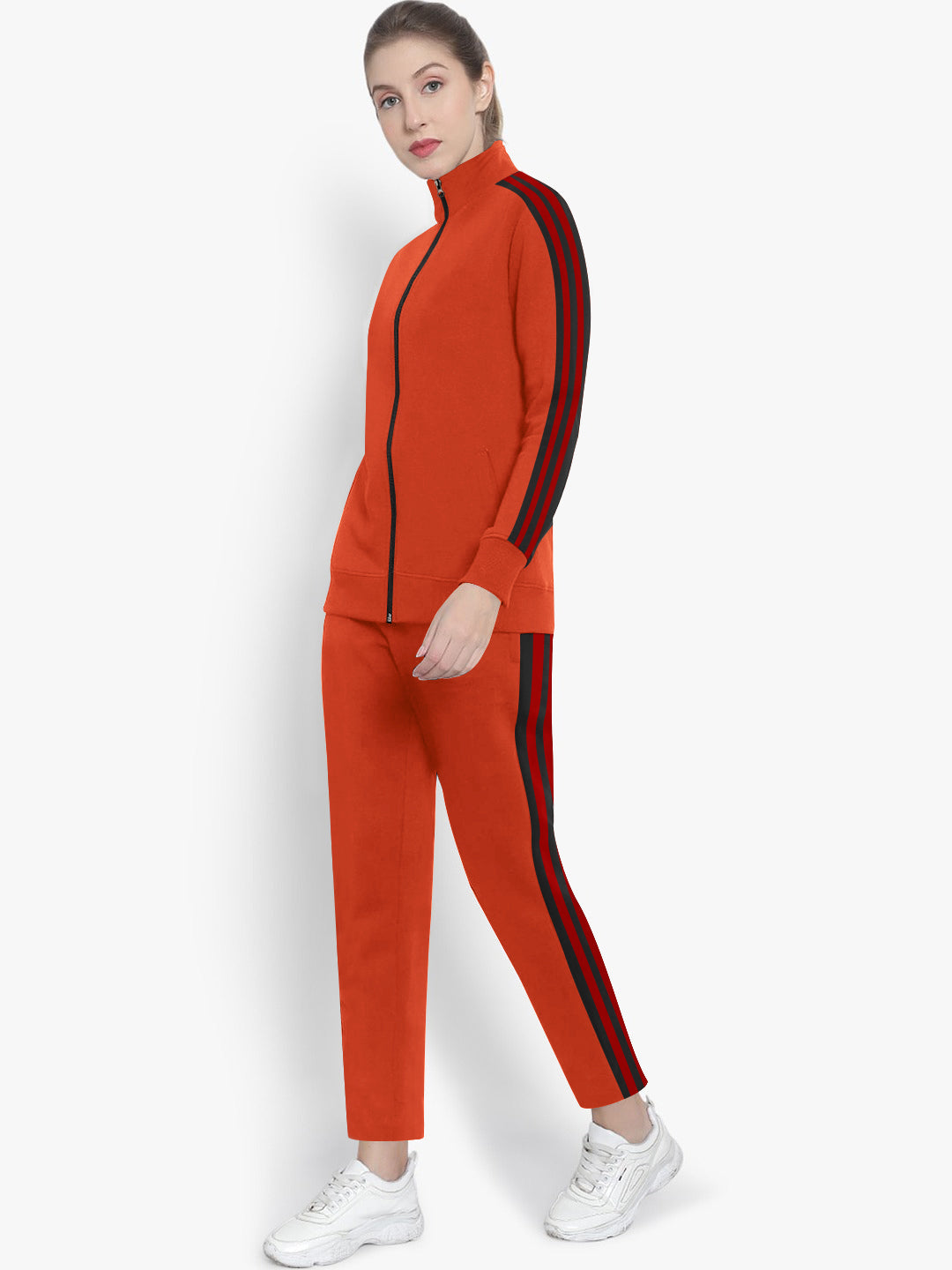 Louis Vicaci Fleece Zipper Tracksuit For Ladies-Orange Melange with Black Stripe-SP251/BR370