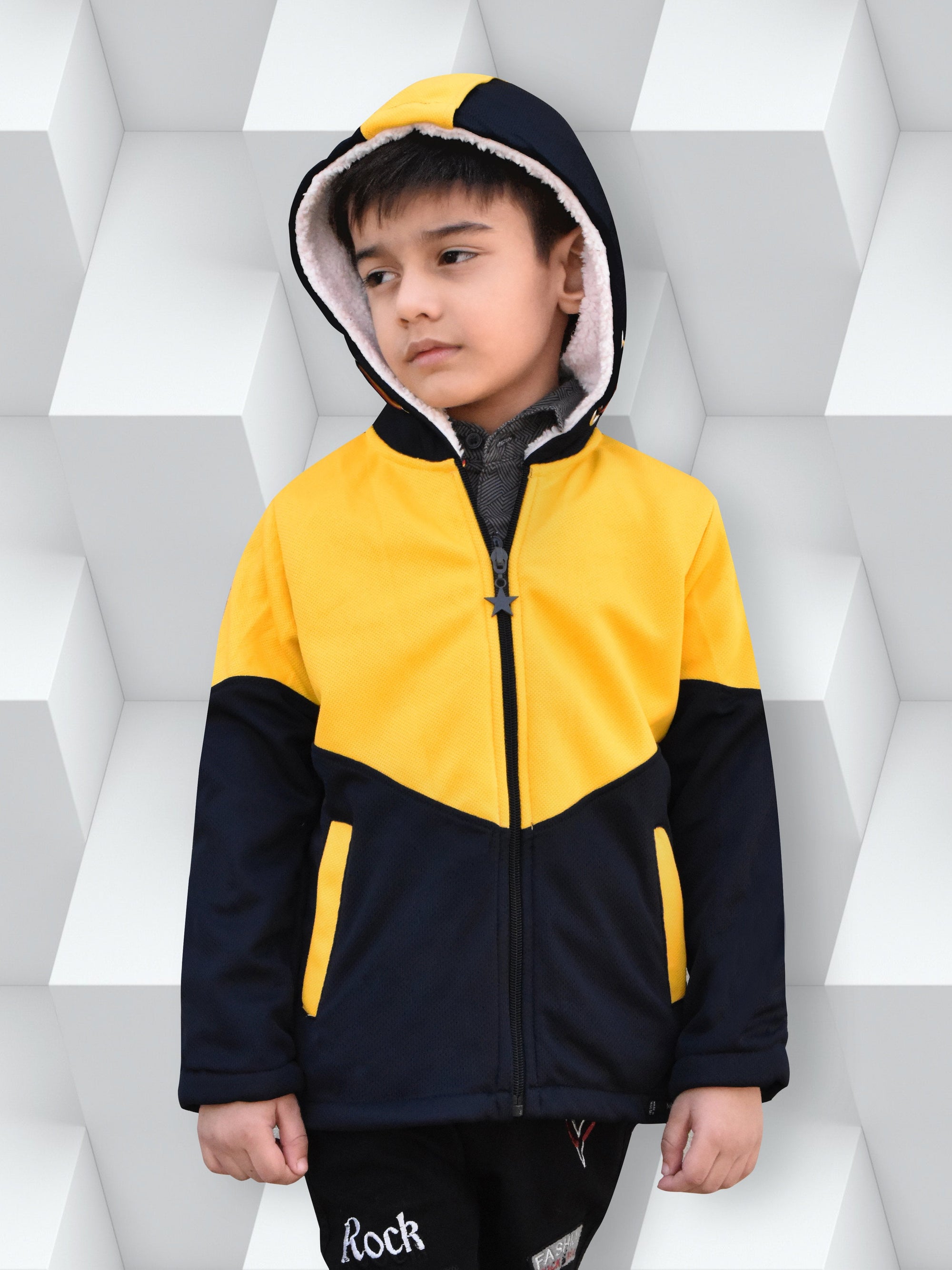 Mango Stylish Inner Fur Zipper Hoodie For Kids-Dark Navy With Yellow-RT406