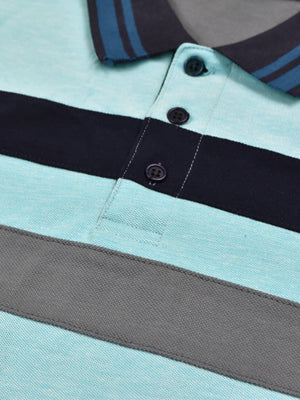 Summer Polo Shirt For Men-Sky Blue Melange With Navy & Grey Stripe-SP6808