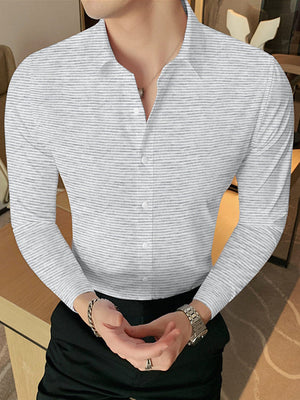 Louis Vicaci Super Stretchy Slim Fit Long Sleeve Summer Formal Casual Shirt For Men-White with Grey Lining-BR521