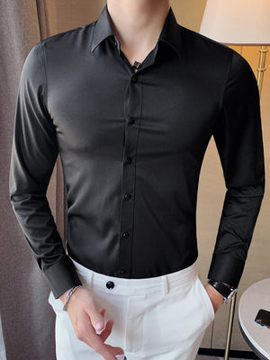 Louis Vicaci Super Stretchy Slim Fit Long Sleeve Summer Formal Casual Shirt For Men-Black-BR523