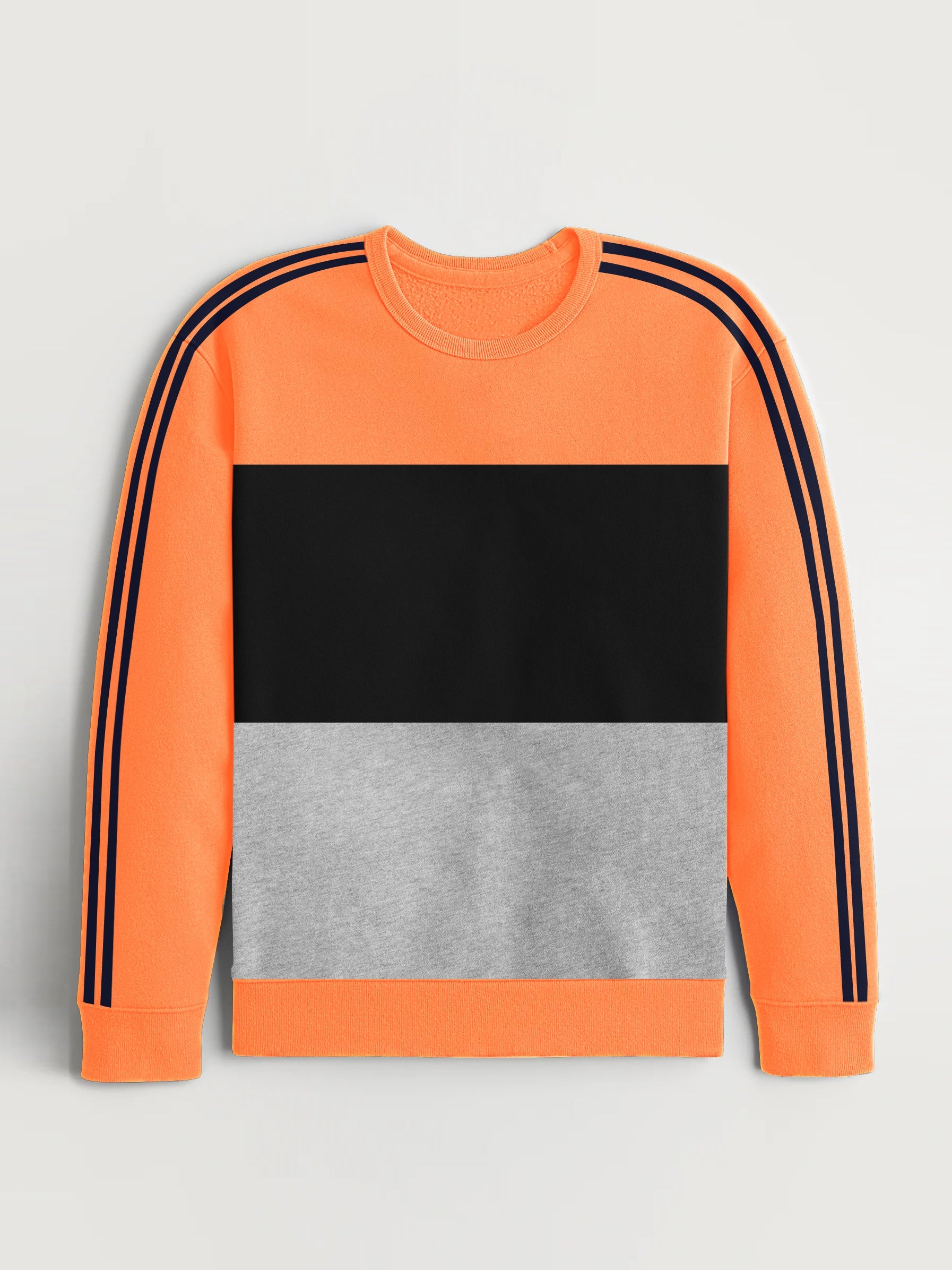 Premium Quality Crew Neck Fleece Sweatshirt For Men-Orange With Navy Stripes-RT1556