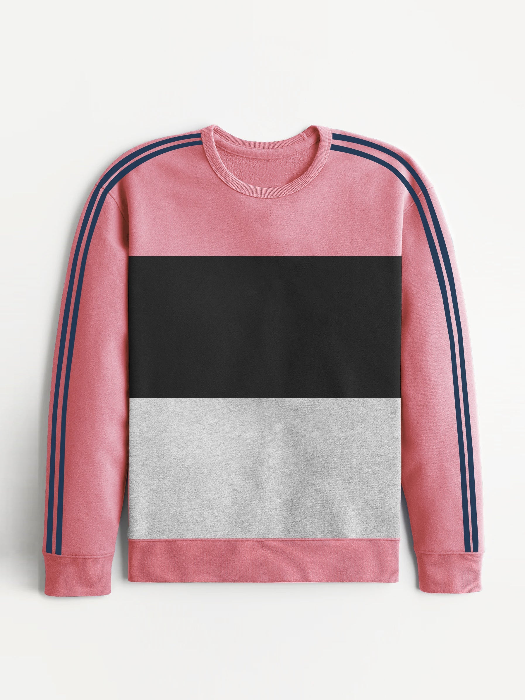 Premium Quality Crew Neck Fleece Sweatshirt For Men-Pink With Navy Stripes-RT1778