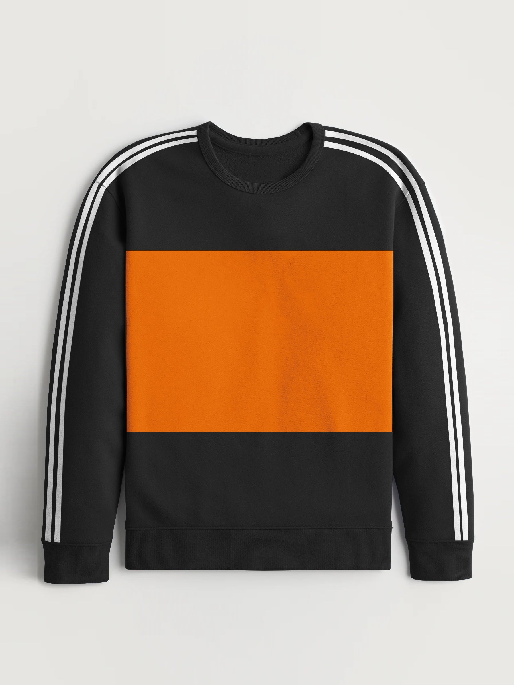 Premium Quality Crew Neck Fleece Sweatshirt For Men-Black With White Stripes-RT1674