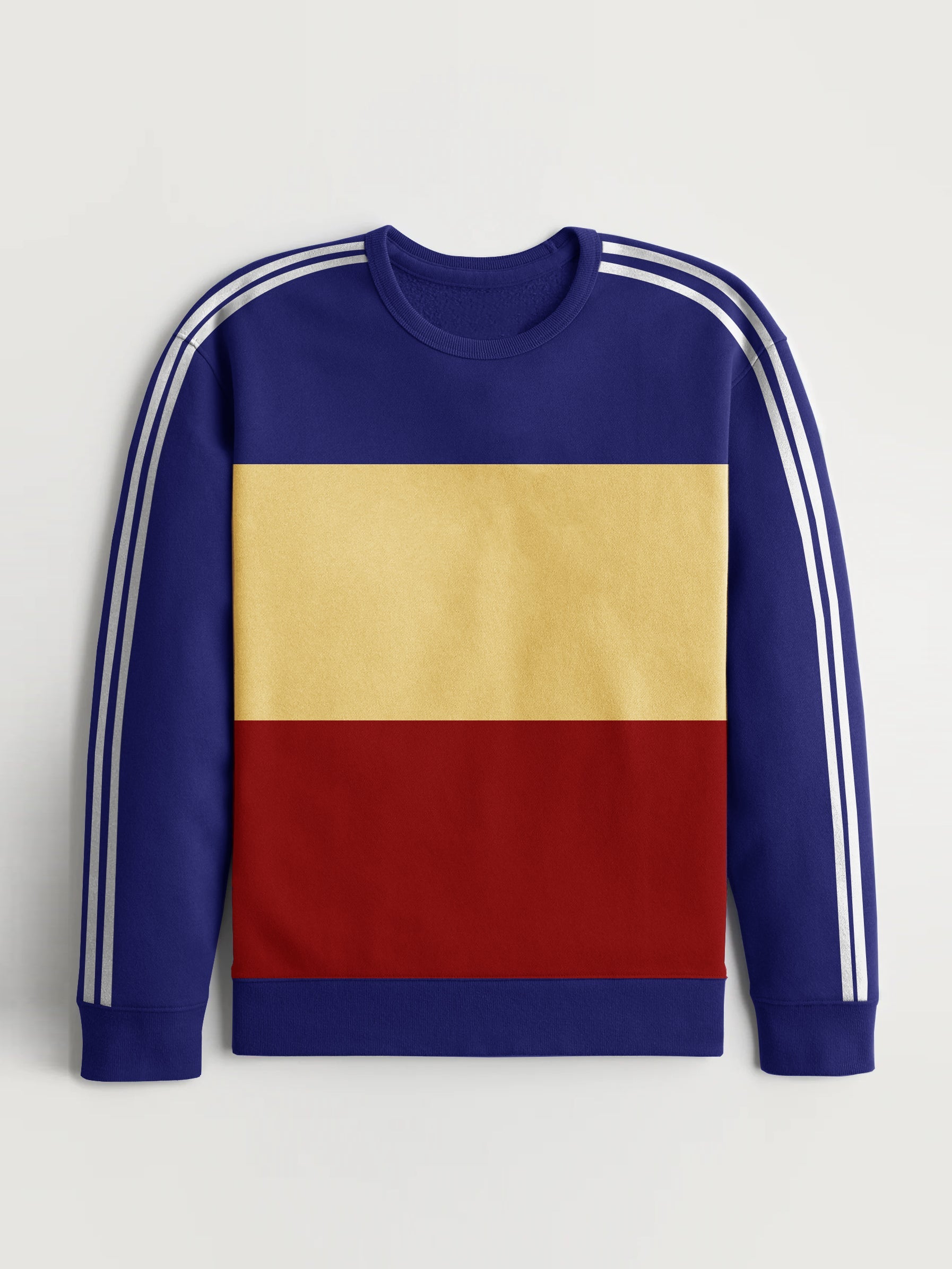 Premium Quality Crew Neck Fleece Sweatshirt For Men-Royal Blue With White Stripes-RT1554