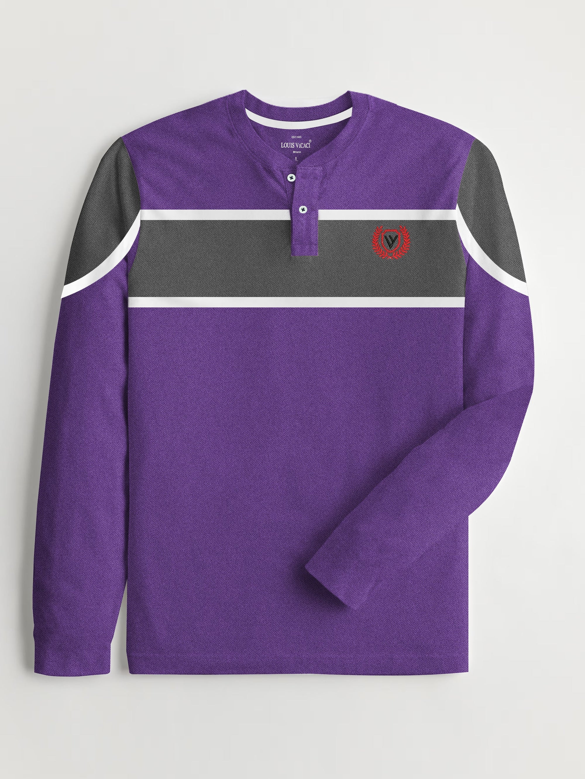 Louis Vicaci P.Q Long Sleeve Henley Shirt For Men-Light Purple Melange-RT1730