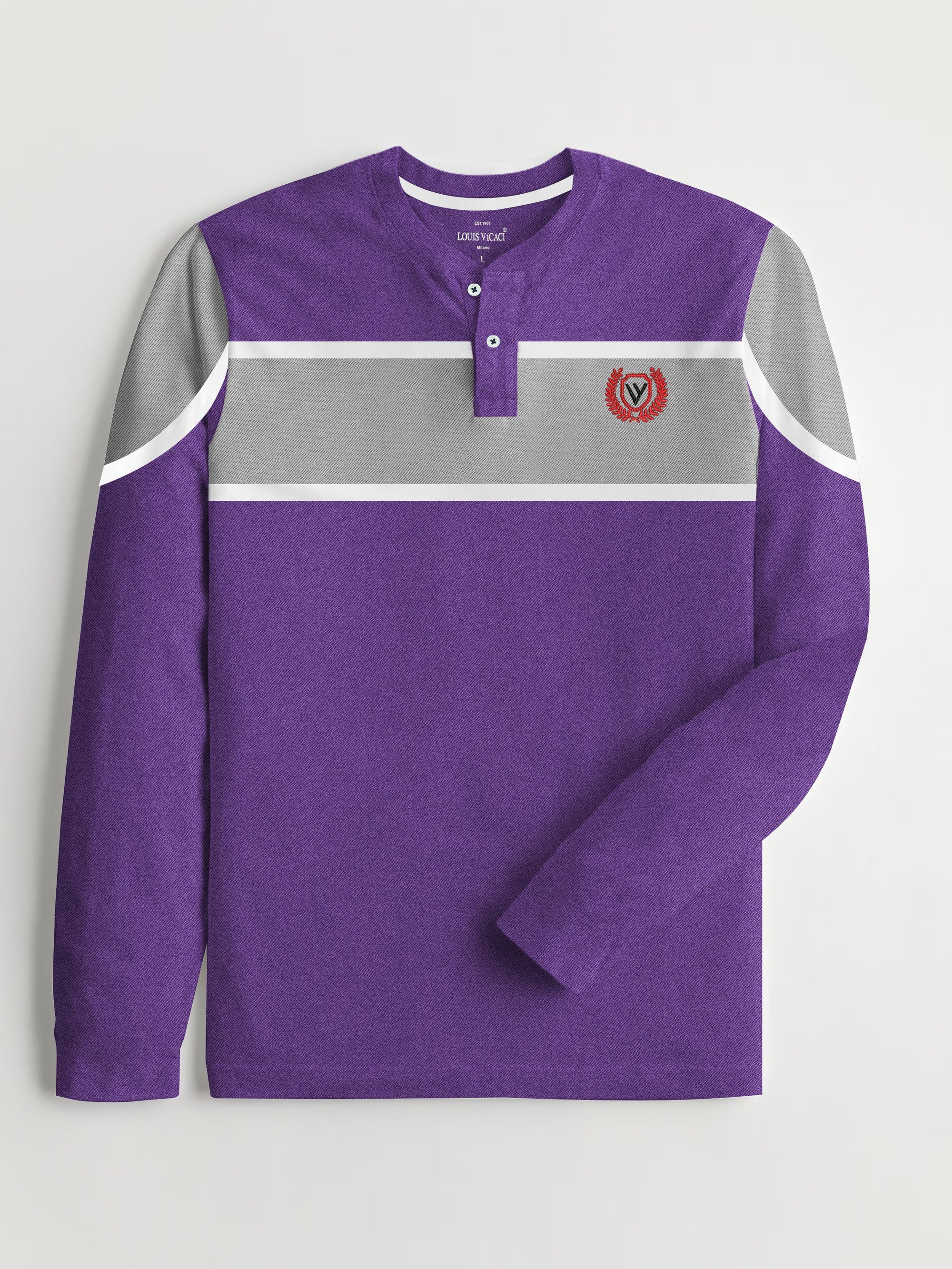 Louis Vicaci P.Q Long Sleeve Henley Shirt For Men-Light Purple Melange-RT1731