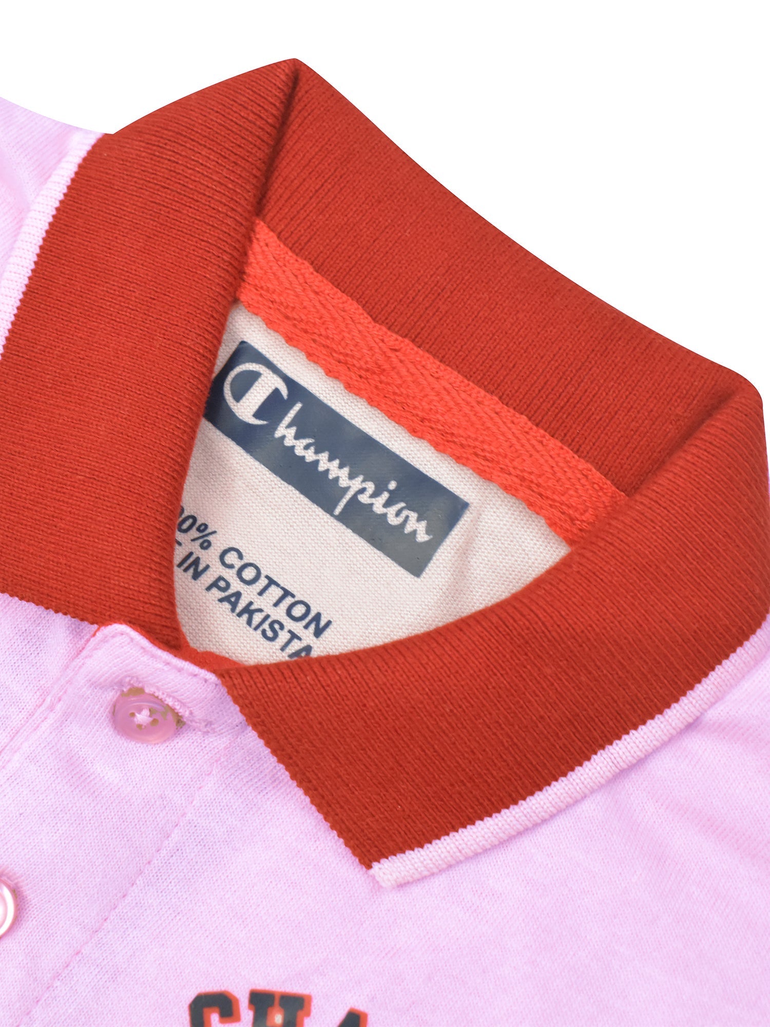 Champion Single Jersey Long Sleeve Polo Shirt For Kids-Pink with Red & Navy Panels-BE43