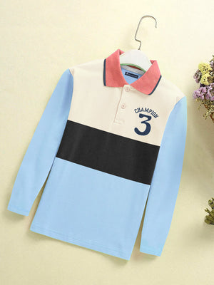 Champion Single Jersey Long Sleeve Polo Shirt For Kids-Sky with Black & Skin Panels-RT982