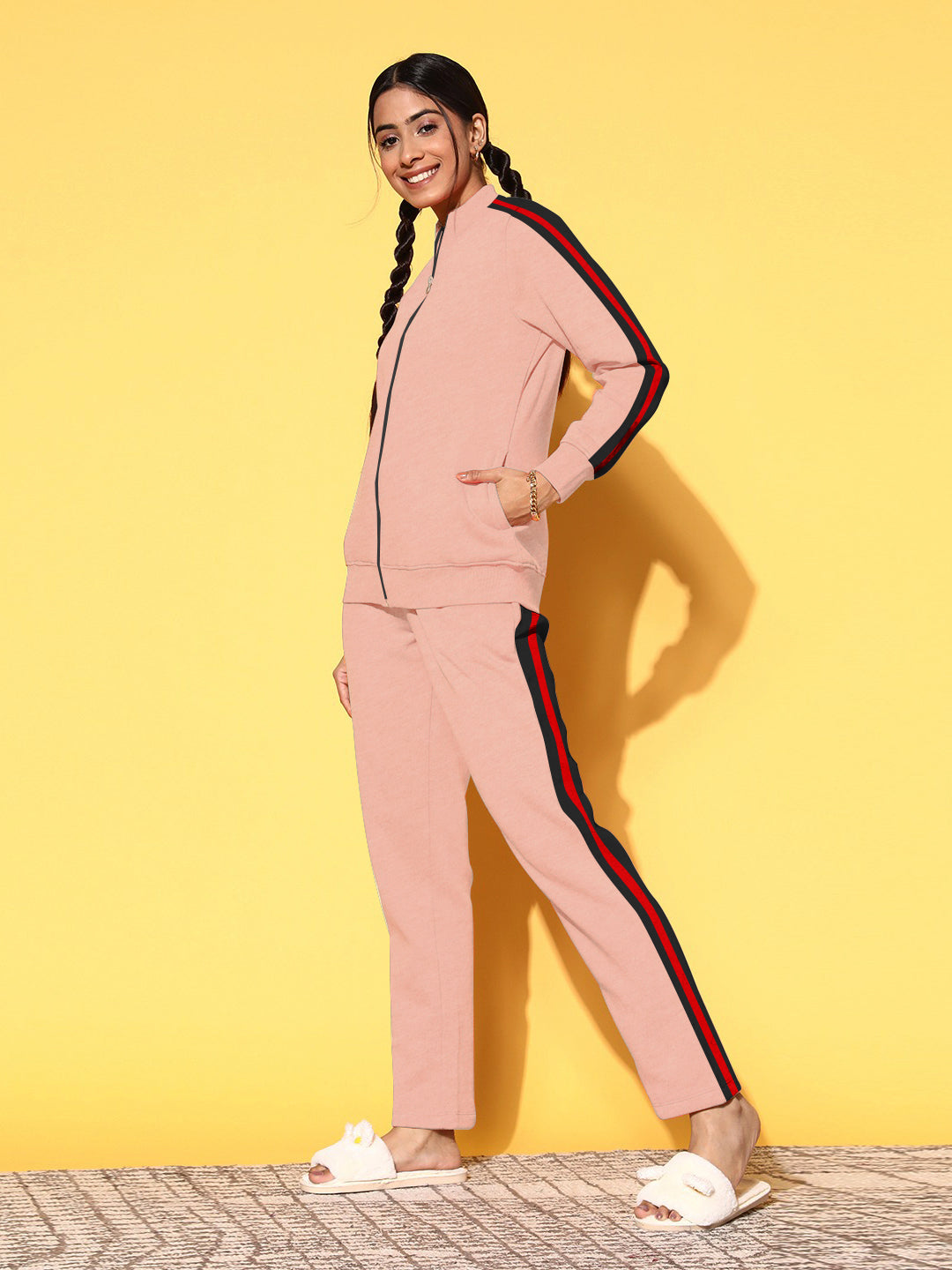 Louis Vicaci Fleece Zipper Tracksuit For Ladies-Dark Pink With Black Stripe-SP246/RT1547