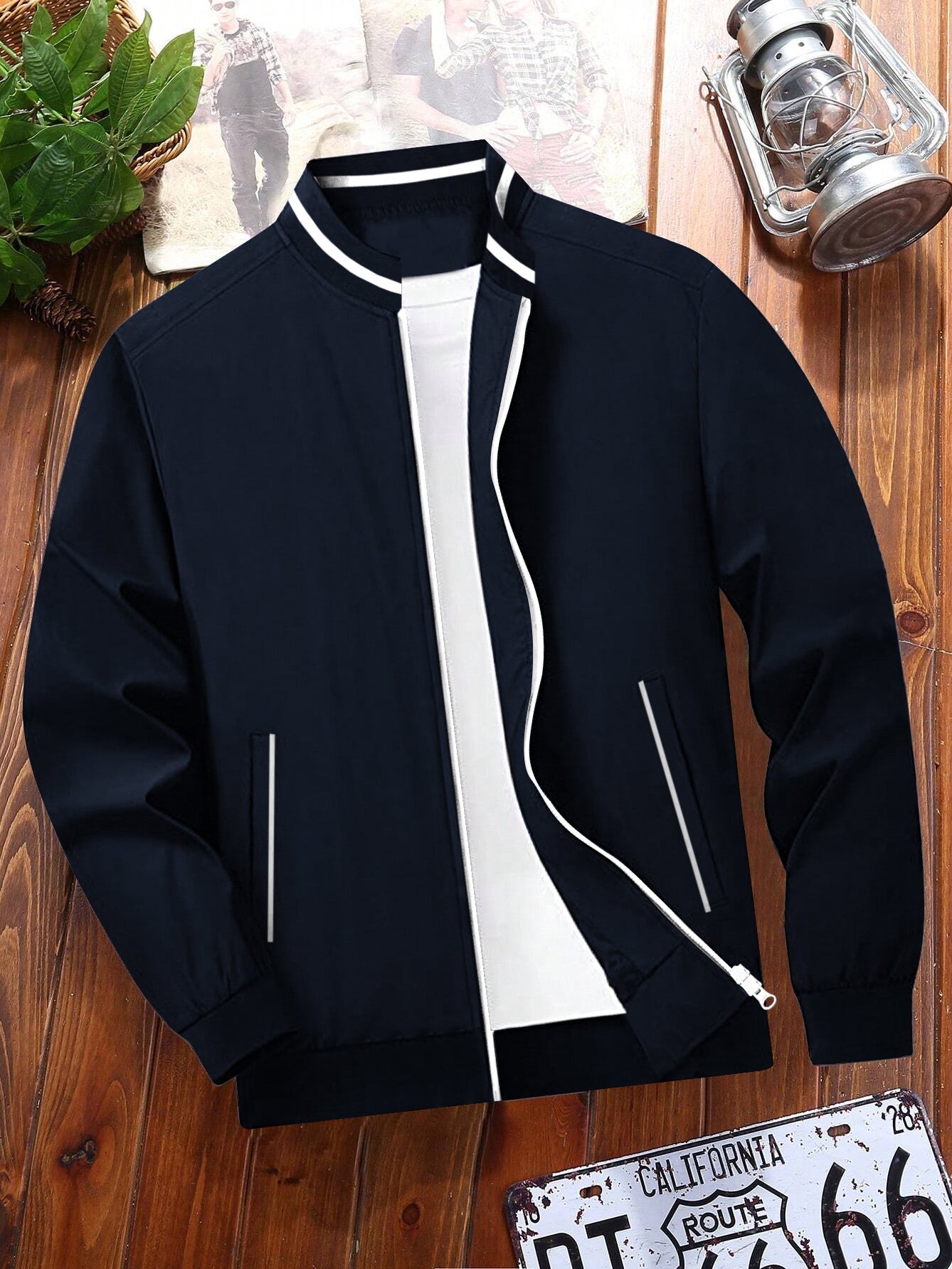 Louis Vicaci Fleece Stylish Zipper Mock Neck For Men-Navy-BR809