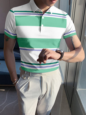 Louis Vicaci P.Q Polo Shirt For Men-White with Green Stripe-BR757