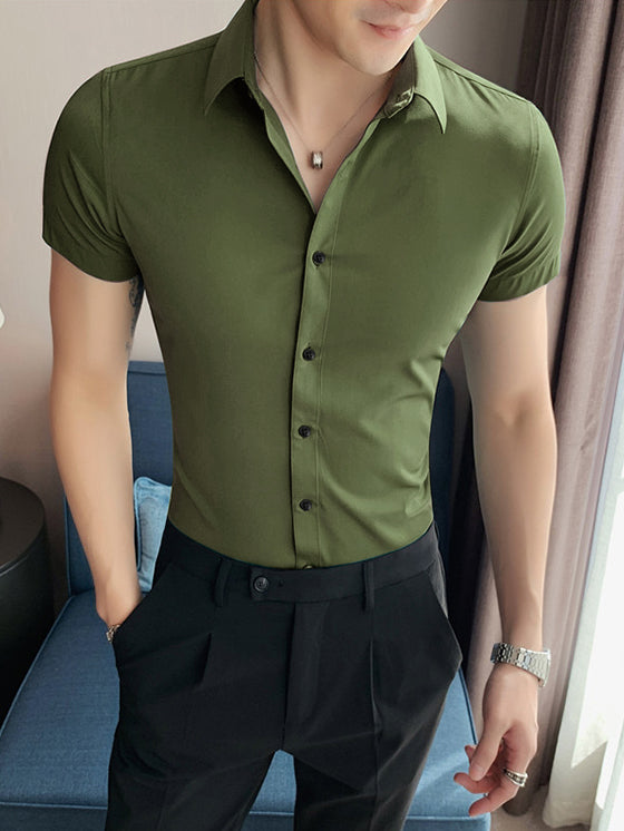 Oxen Nexoluce Super Stretchy Slim Fit Half Sleeve Lycra Casual Shirt For Men-Olive Green-RT1877