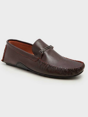 Men's Cow Leather Loafer Shoes With Brass Buckle-Brown-SP6180