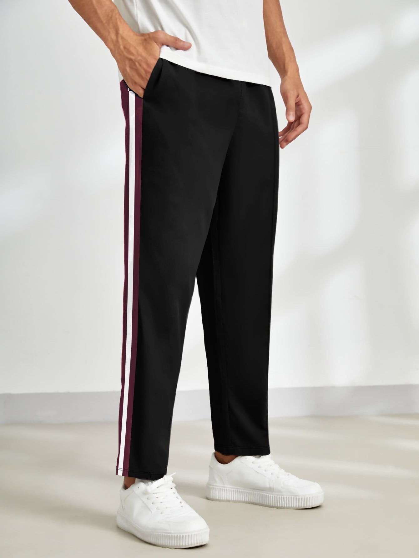 Louis Vicaci Fleece Trouser Pant For Men-Black with Maroon & White Stripe-BR692