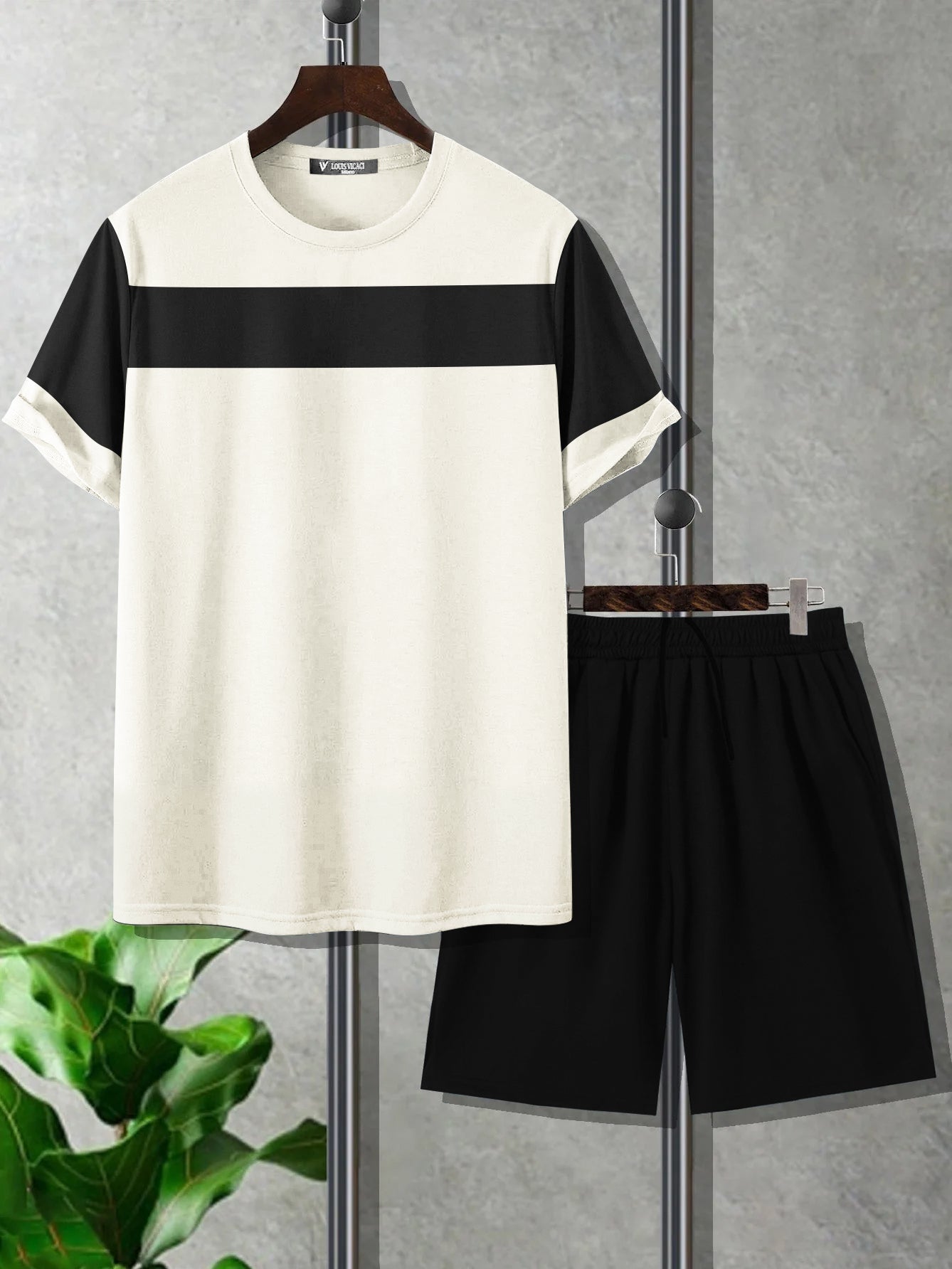 Summer Fashion T-Shirt & Lounge Short Suit For Men-Off White with Black-BR786