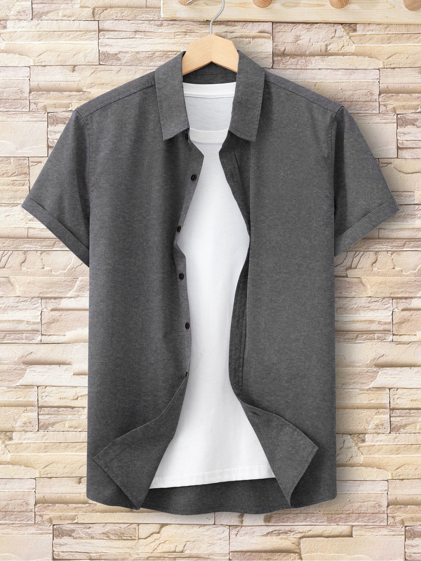 Louis Vicaci Super Stretchy Slim Fit Half Sleeve Summer Button Down Shirt For Men-Charcoal Melange-BR555