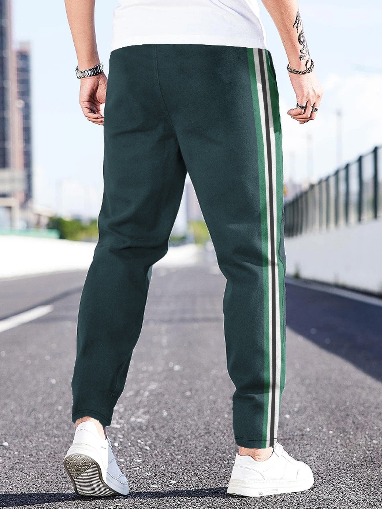 Louis Vicaci Slim Fit Summer Active Wear Trouser Pent For Men-Dark Slate Green with White & Green Stripe-BR706