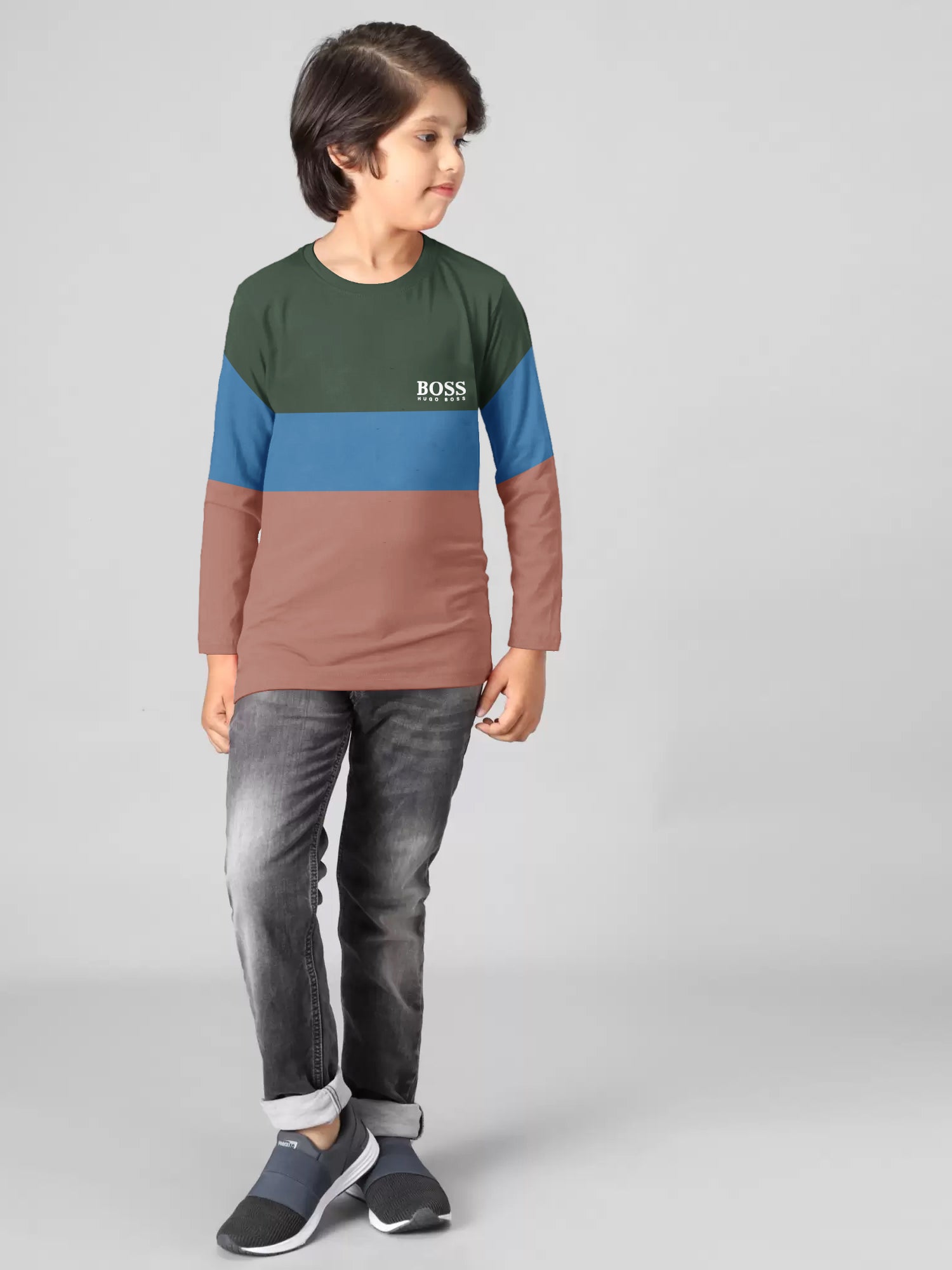 Crew Neck Long Sleeve Single Jersey Tee Shirt For Kids-Olive Green With Panels-AZ143