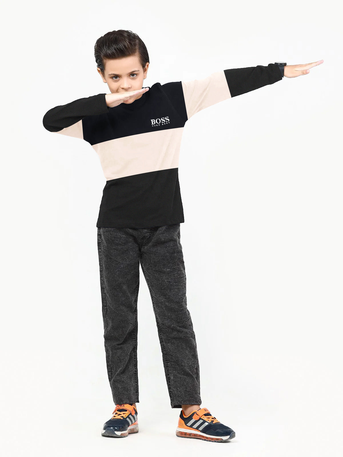 Crew Neck Long Sleeve Single Jersey Tee Shirt For Kids-Dark Navy With Panel-AZ144