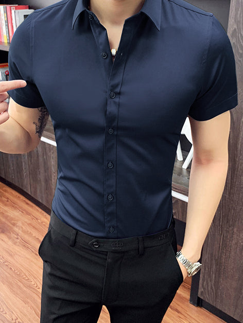Louis Vicaci Super Stretchy Slim Fit Half Sleeve Summer Formal Casual Shirt For Men-Navy-RT2003