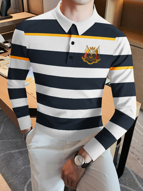 Louis Vicaci Long Sleeve Polo Shirt For Men-White & Navy Stripe