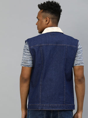 Sleeveless Plush Fur Denim Jeans Jacket For Men-Blue-BE17635 Khurram