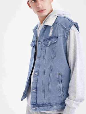 Sleeveless Plush Fur Denim Jeans Jacket For Men-Light Blue-BR206