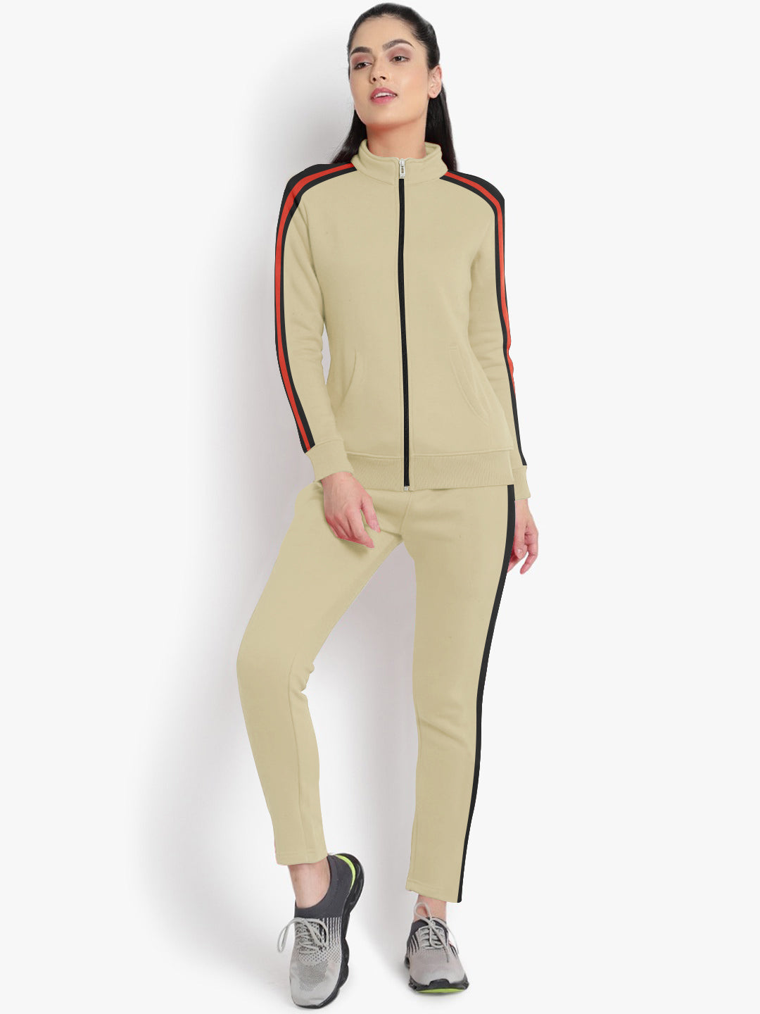 Louis Vicaci Fleece Zipper Tracksuit For Ladies-Clay With Black Stripe-RT1550