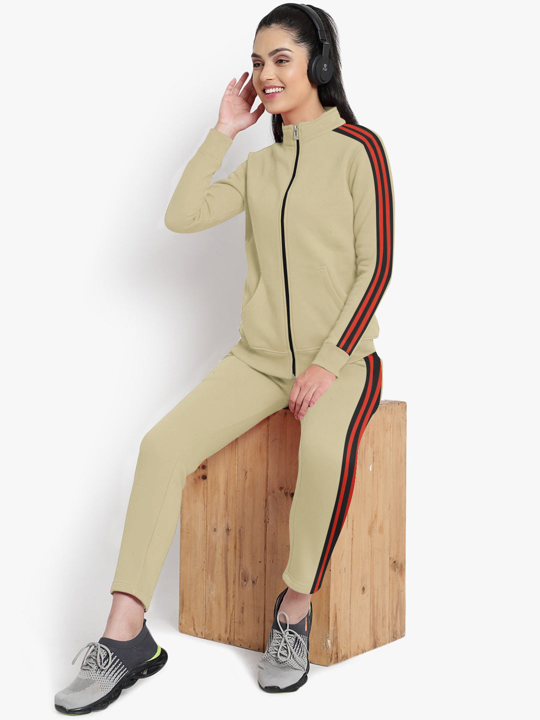 Louis Vicaci Fleece Zipper Tracksuit For Ladies-Clay With Black Stripe-RT1550