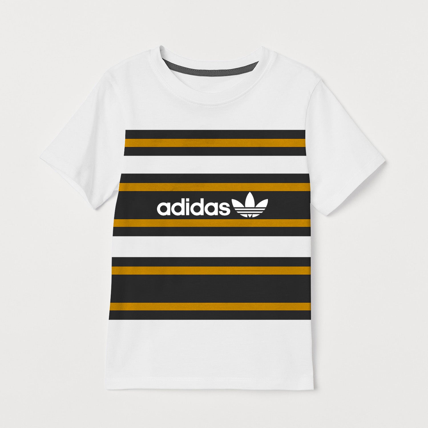 ADS Crew Neck Single Jersey Tee Shirt For Kids-White with Yellow & Dark Navy Panels-BE12037