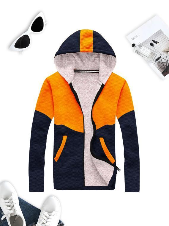 Mango Stylish Inner Quilted Fur Zipper Hoodie For Kids-Orange & Navy-AT03