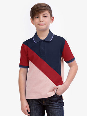 Summer Panel Polo Shirt For Kids-Light Pink with Red & Navy-RT768