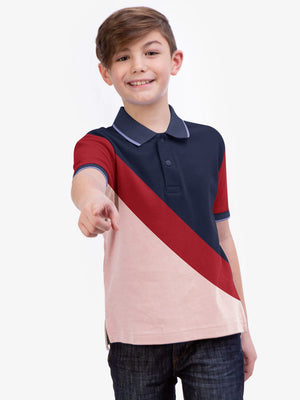 Summer Panel Polo Shirt For Kids-Light Pink with Red & Navy-RT768