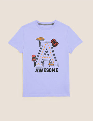 Summer Single Jersey Crew Neck Tee Shirt For Kids-Light Blue With Print-BE17029