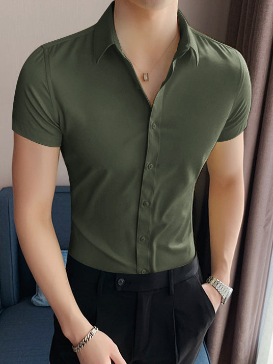 Louis Vicaci Super Stretchy Slim Fit Lycra Casual Shirt For Men-Light Camou Green-BR501