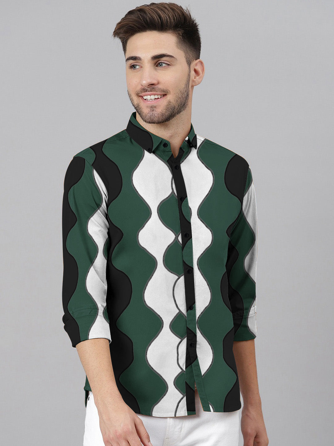 Oxen Nexoluce Premium Slim Fit Casual Shirt For Men-Green Black & White Print-RT835