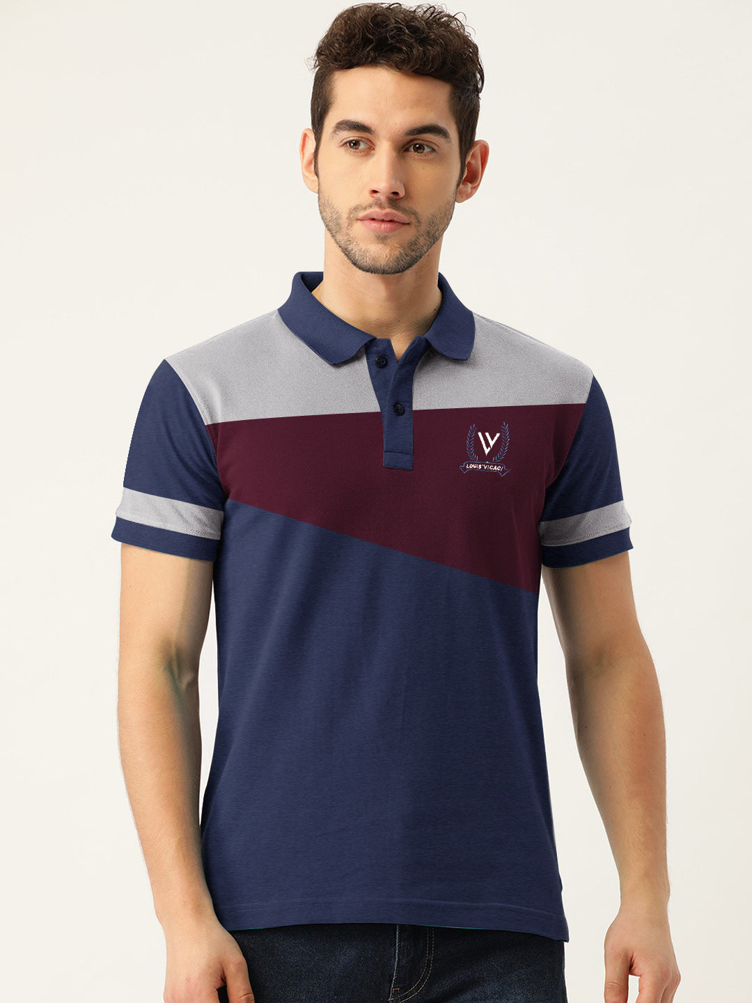 Summer Polo Shirt For Men-Navy with Maroon & Grey Melange-RT772 - BrandsEgo