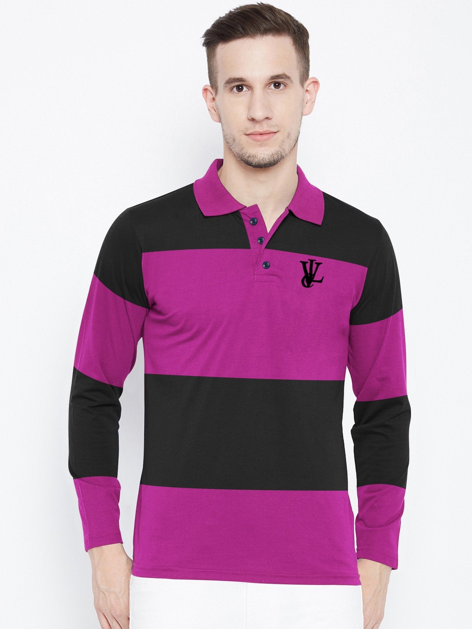 Louis Vicaci Long Sleeve Polo For Men-Black with Magenta-BE62/BR885