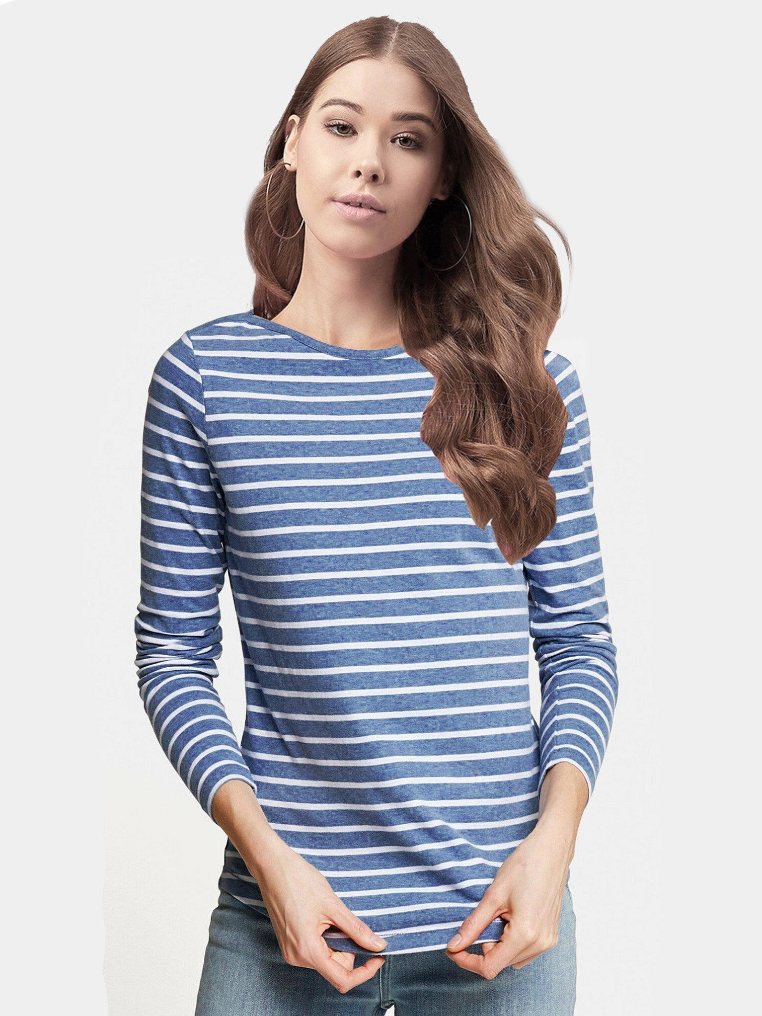 Next Long Sleeve Crew Neck Jersey Lycra Strech Blouse For Ladies-Blue With Stripes-AN3886